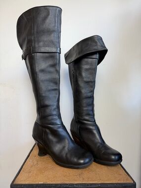 John Fluevog Black Leather Knee High Boots Sculpted Heel